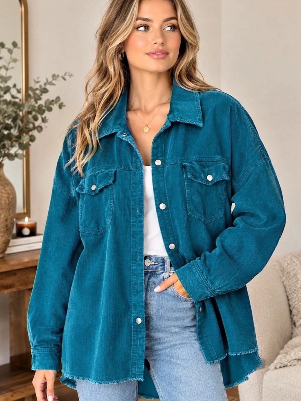 100% Cotton Teal Blue Corduroy Shirt Jacket Large